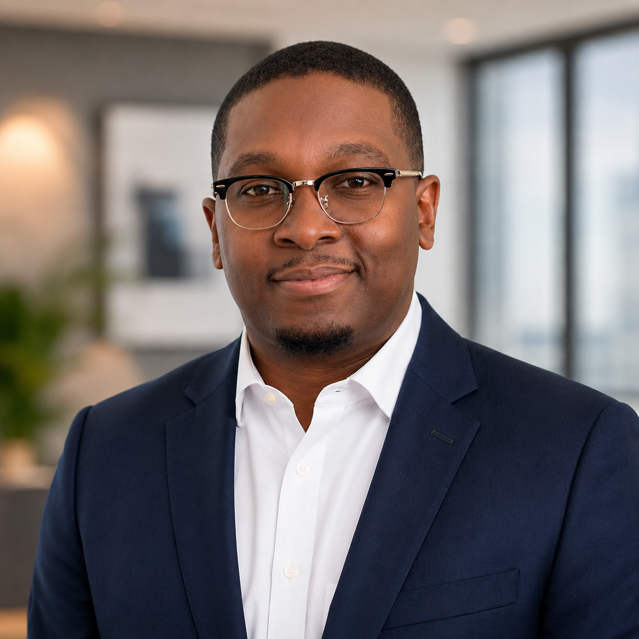 Portrait of Twalib Mohamed, sales leader, in a navy suit